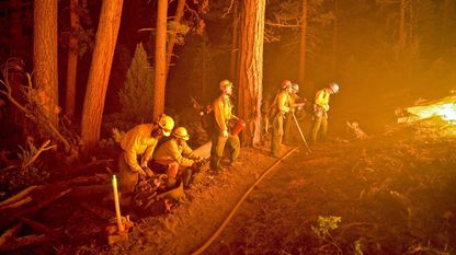 Efectivos de bomberos luchan contra el fuego en el parque nacional San Bernardino, en California, Estados Unidos