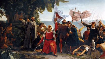 Primer desembarco de Cristóbal Colón en América (1862), un cuadro de Dióscoro Teófilo Puebla Tolín (1831-1901), propiedad del Museo del Prado y cedido al Concello da Coruña, que lo expone en sus casas consistoriales
