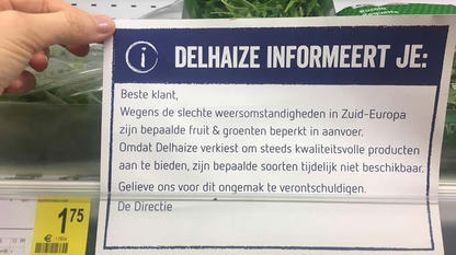 Cartel que informa de los problemas de suministro en Gante